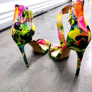 Splatter paint rainbow stilettos made by Steve Madden
